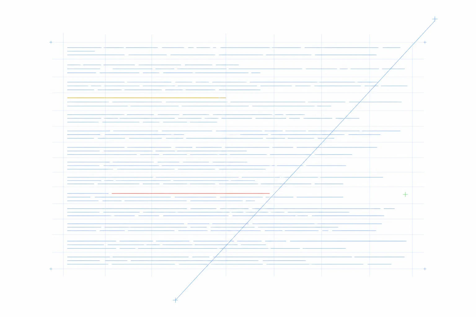 A bright white composition with a blue scan line marking one element among many