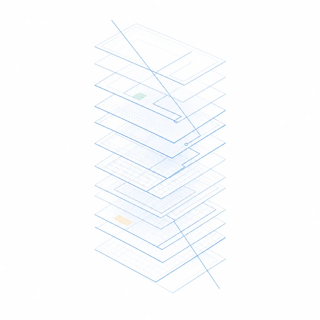 An abstract composition of layered markup panels and a thin blue accent line